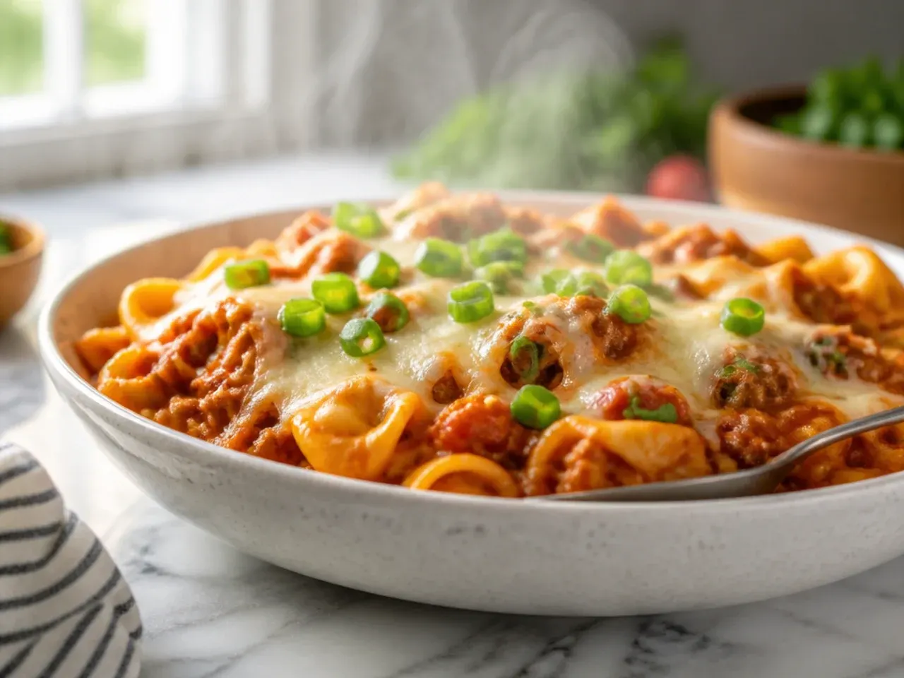 Thick, cheesy tortellini casserole scooped from a slow cooker with a spatula