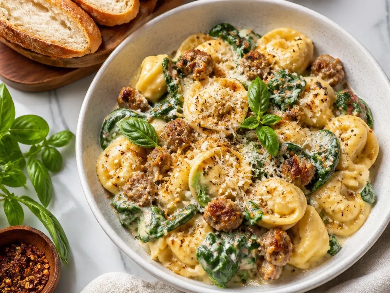 Best-ever crockpot tortellini soup with sausage, wilted spinach, and grated Parmesan on top