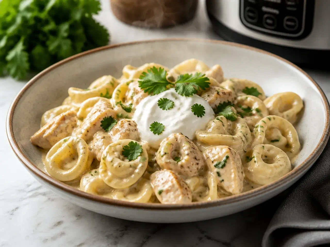 Creamy one-pot chicken Alfredo tortellini in a slow cooker with fresh parsley on top