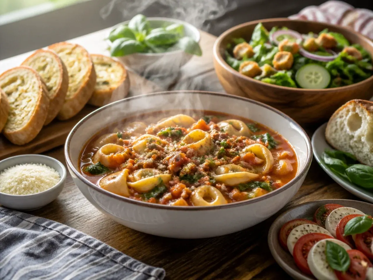Table set with a bowl of tortellini soup, garlic bread, and a side salad