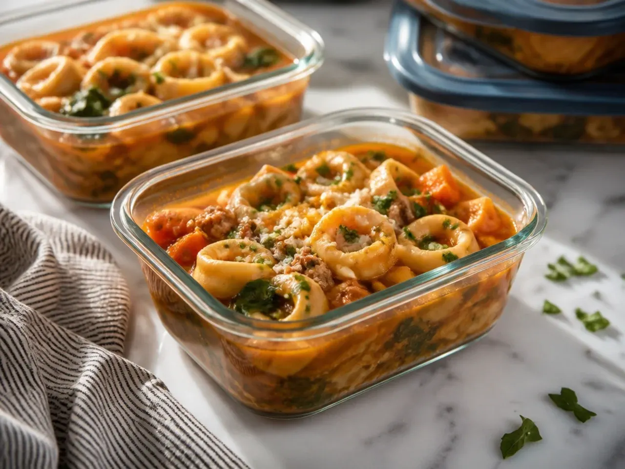 Airtight containers of leftover crockpot tortellini soup ready for the fridge and freezer