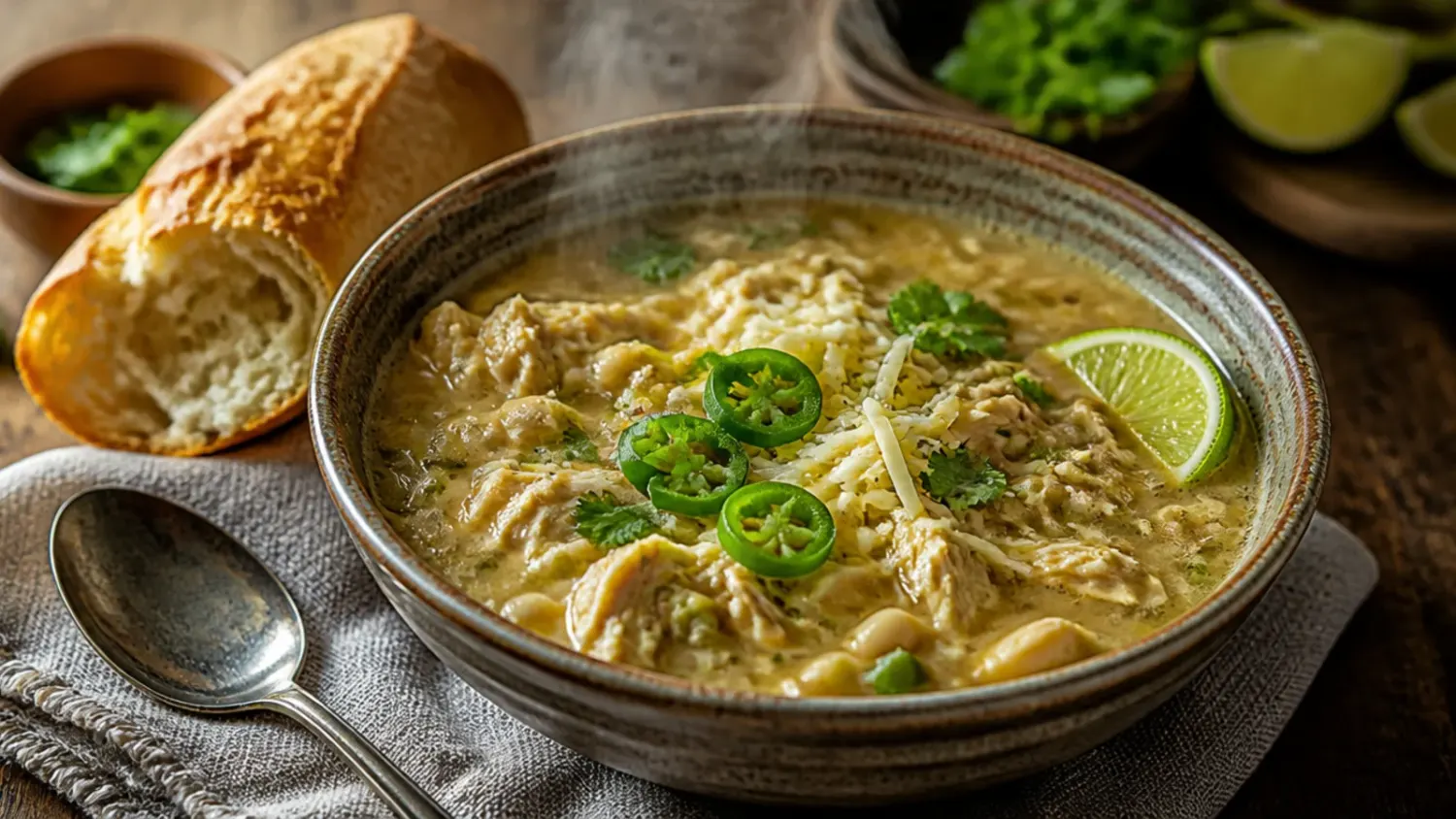 Creamy crockpot white chicken chili topped with cheese, sour cream and cilantro in a white bowl