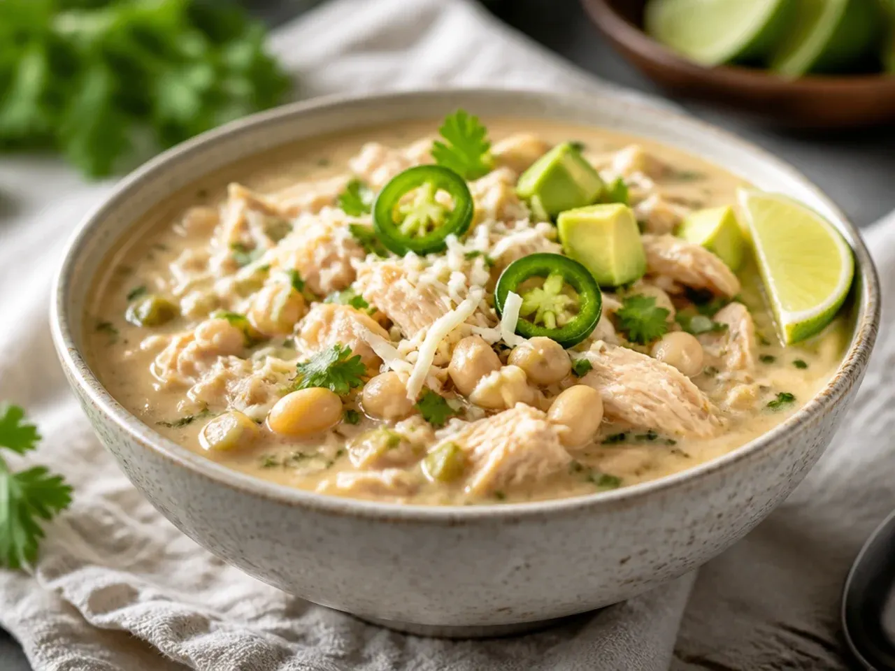 Bowl of creamy crockpot white chicken chili topped with cheese, avocado and cilantro