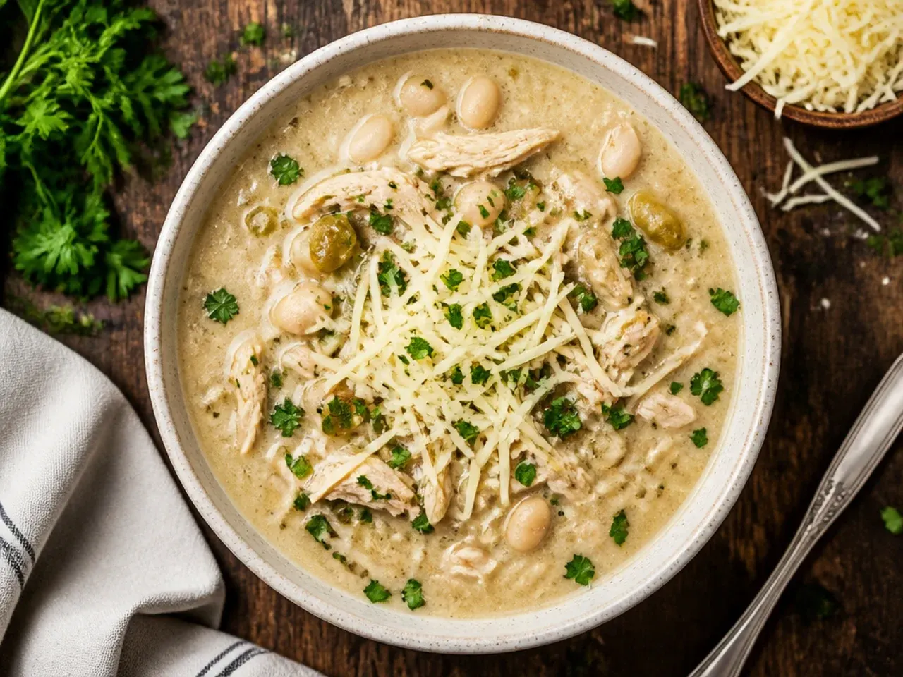 Classic crockpot white chicken chili with shredded chicken and white beans
