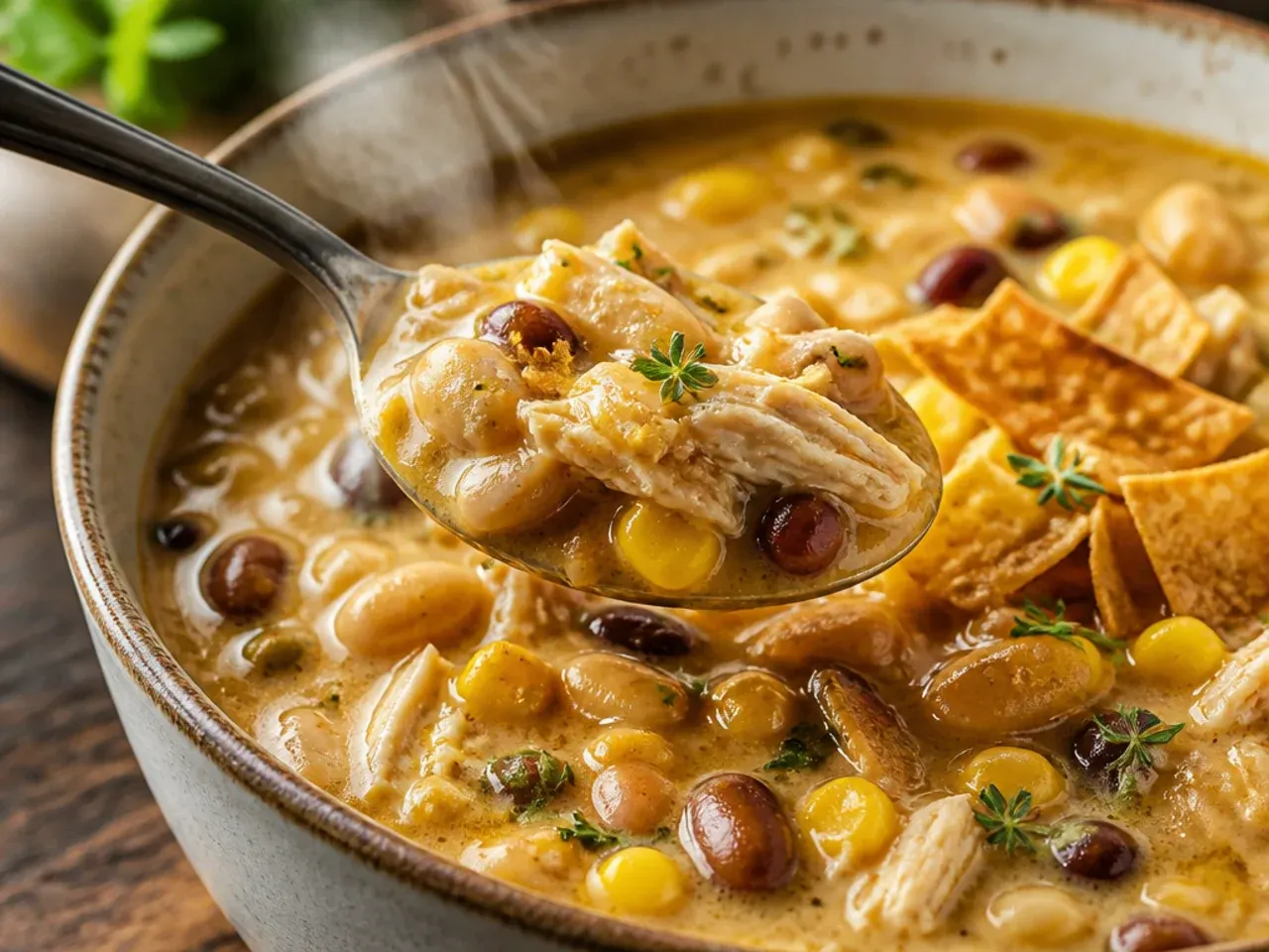 Hearty white chicken chili loaded with two types of beans and sweetcorn