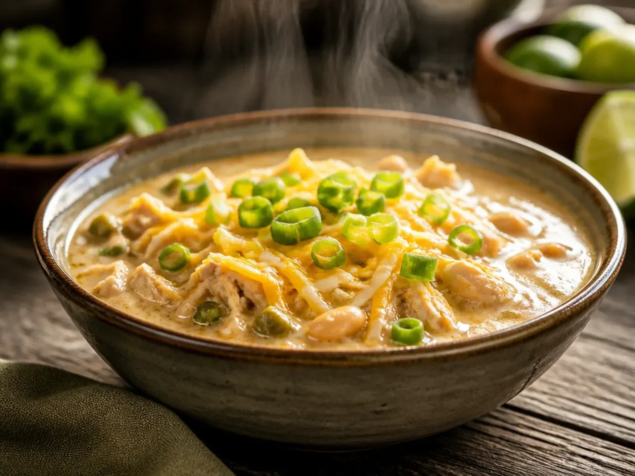 Creamy white chicken chili with melted cream cheese stirred through