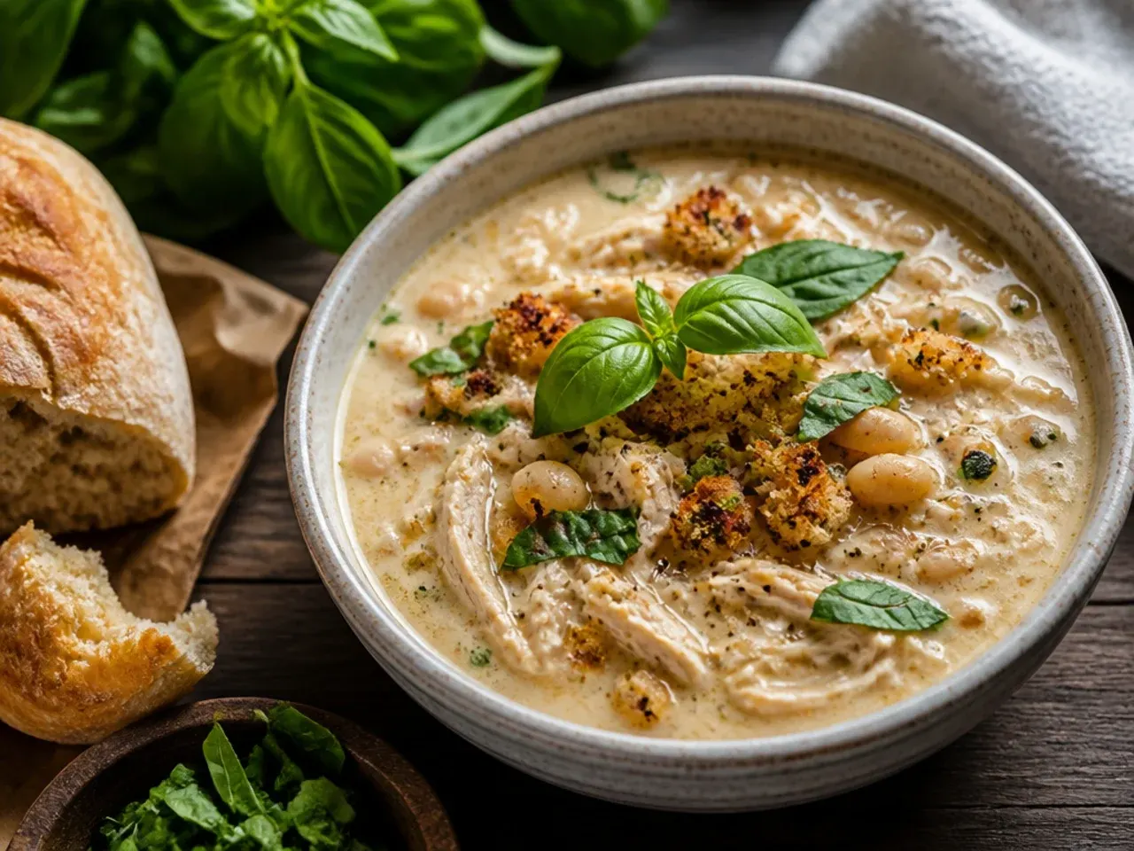 Shredded rotisserie chicken added to simple white chicken chili