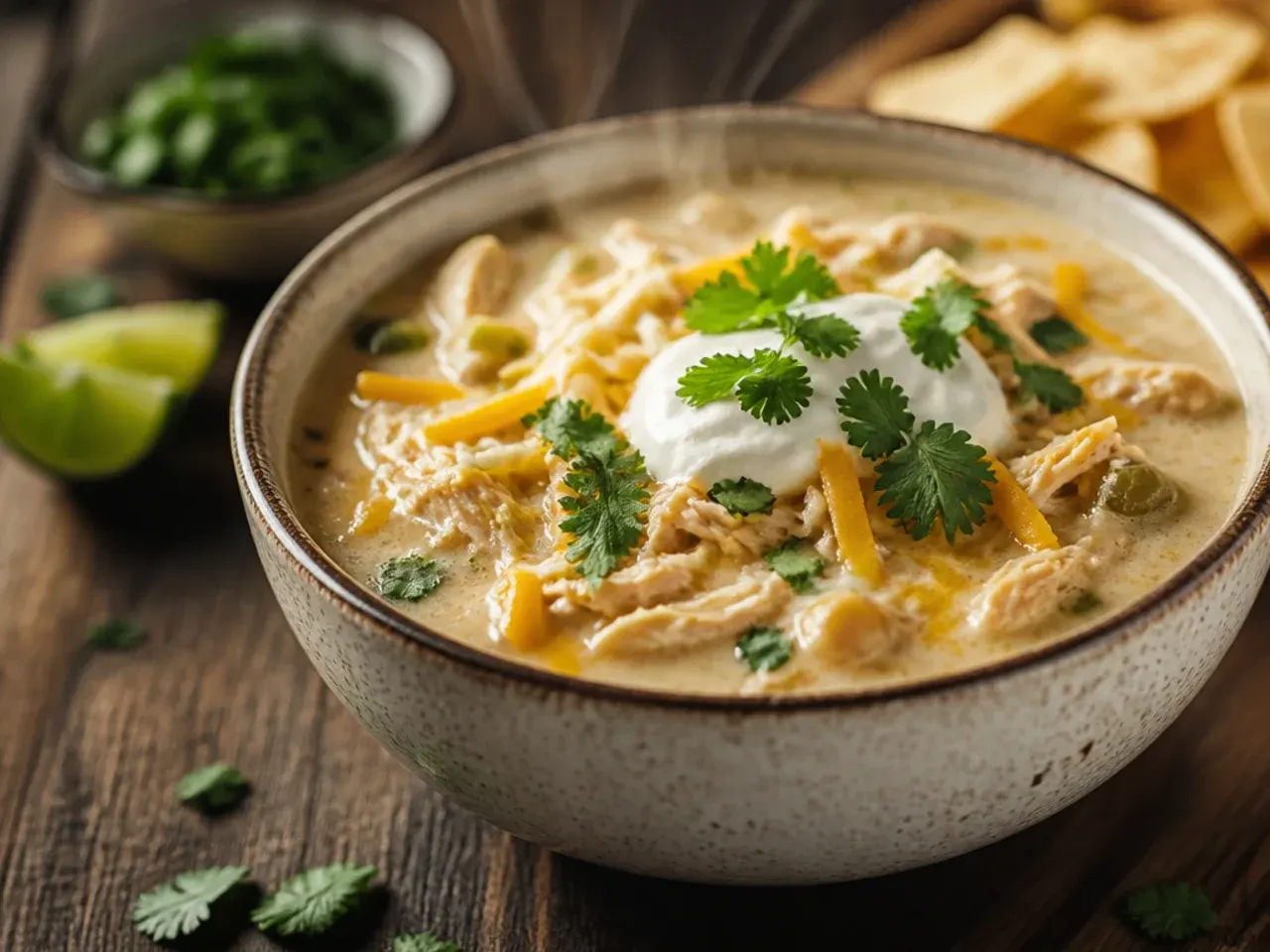 Extra cheesy white chicken chili with melted Monterey and pepper Jack