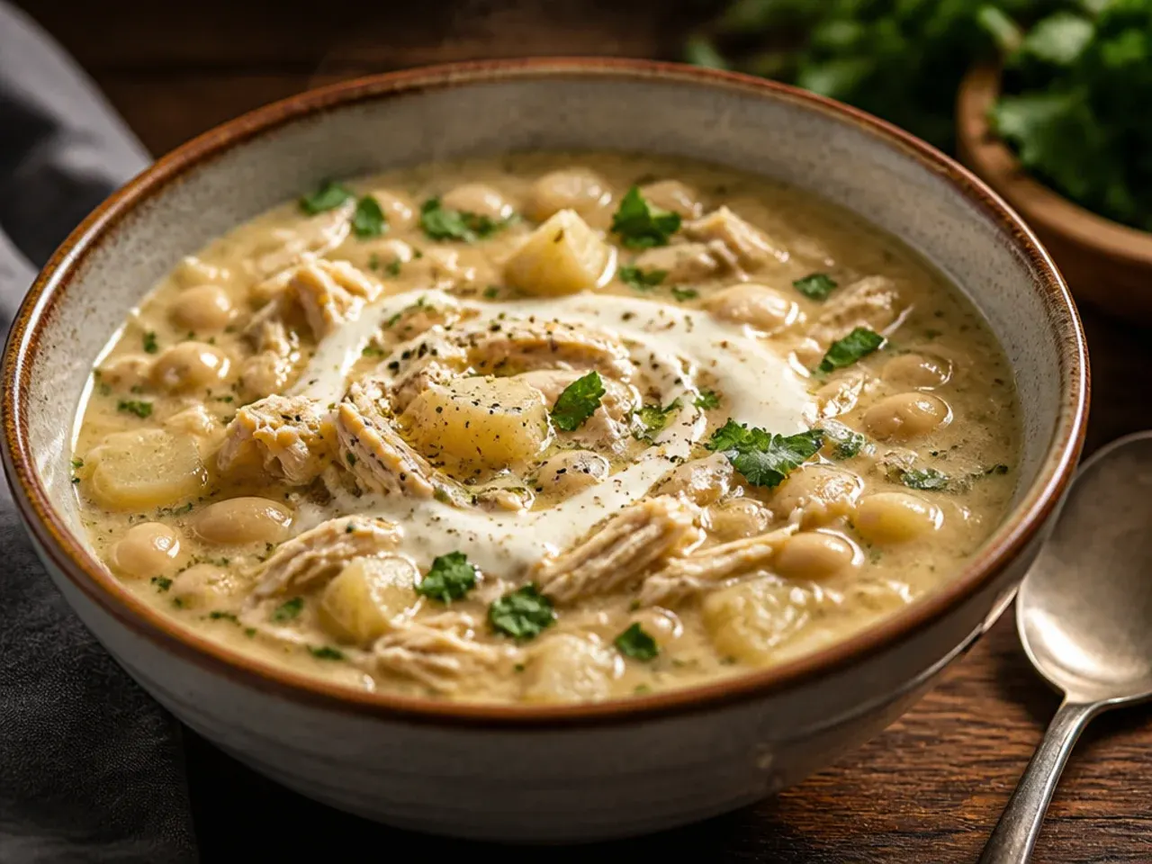 Comforting white chicken chili with tender potato chunks and white beans