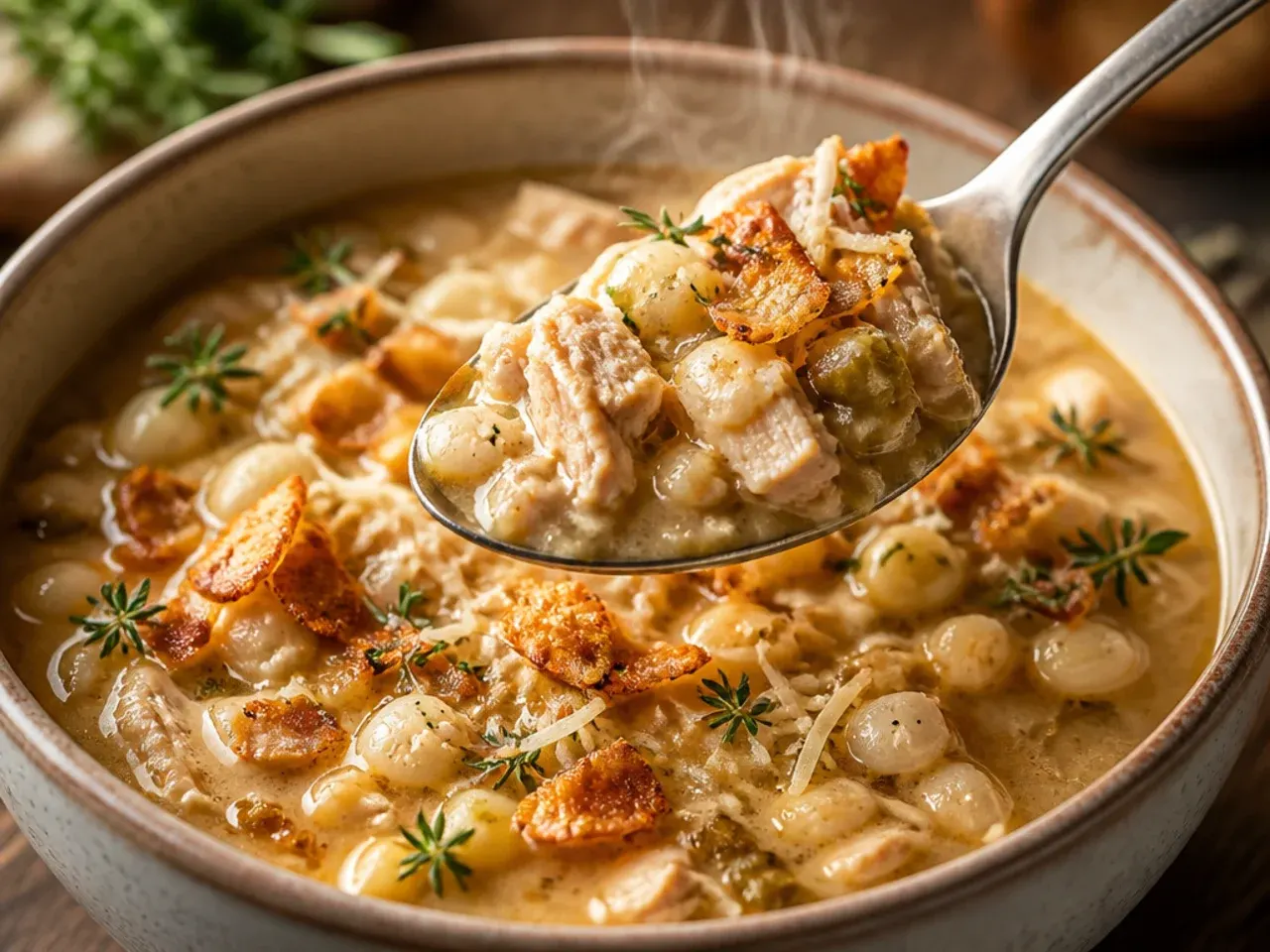 Rustic white chicken chili with hominy and green chiles
