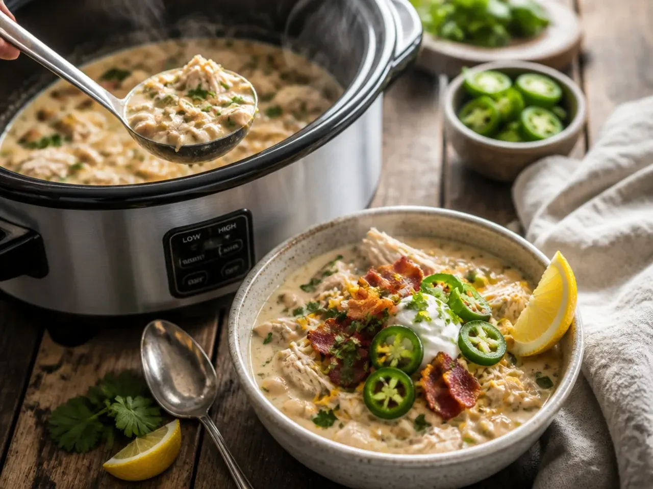 Loaded white chicken chili topped with crispy bacon and jalapeno slices