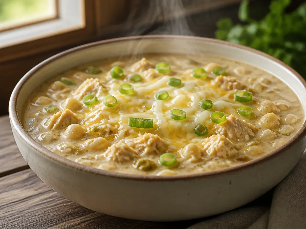 Large family-size batch of white chicken chili in a big crockpot
