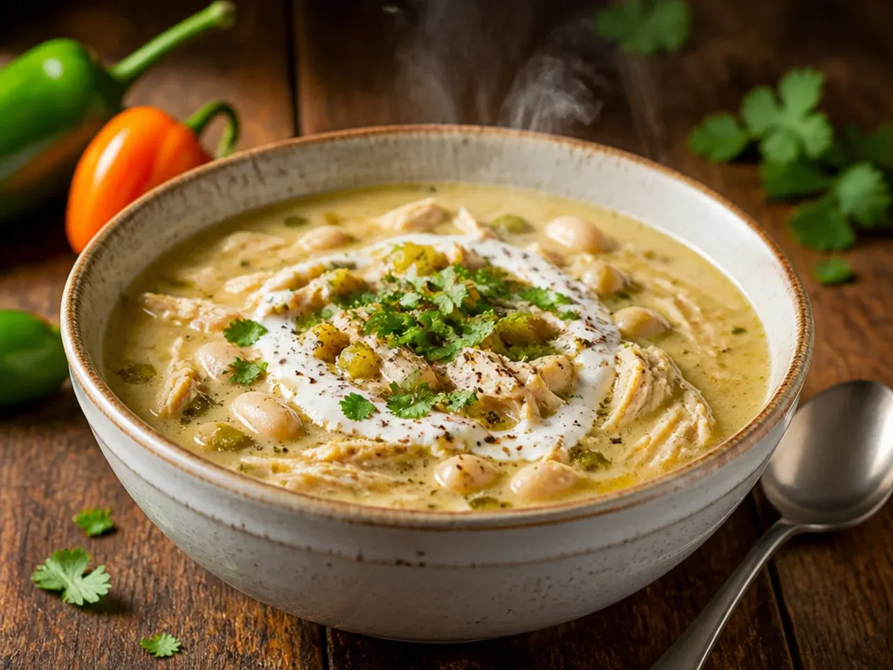 Spicy white chicken chili with sliced serrano and habanero peppers