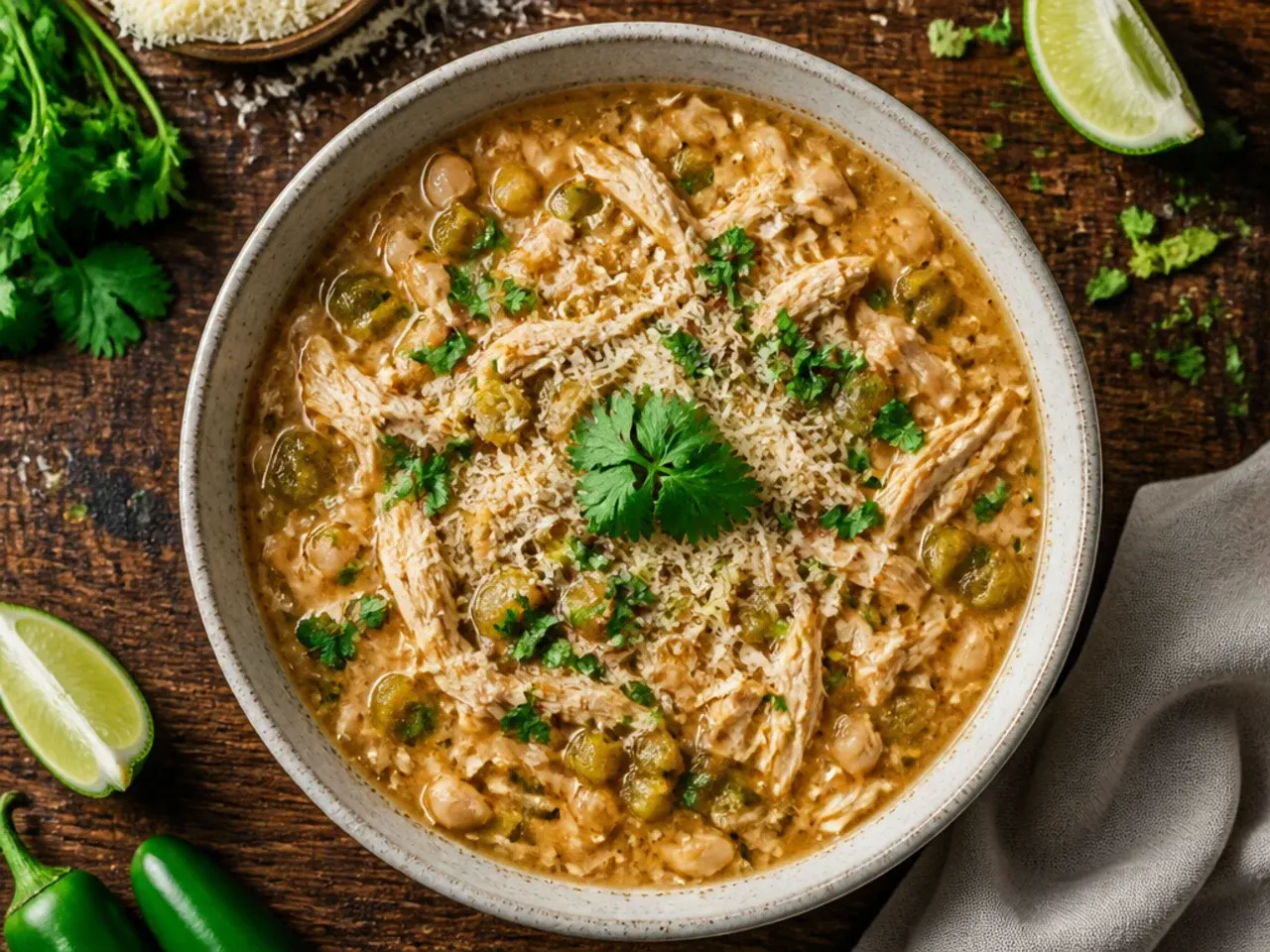 Smoky chipotle white chicken chili in a crockpot