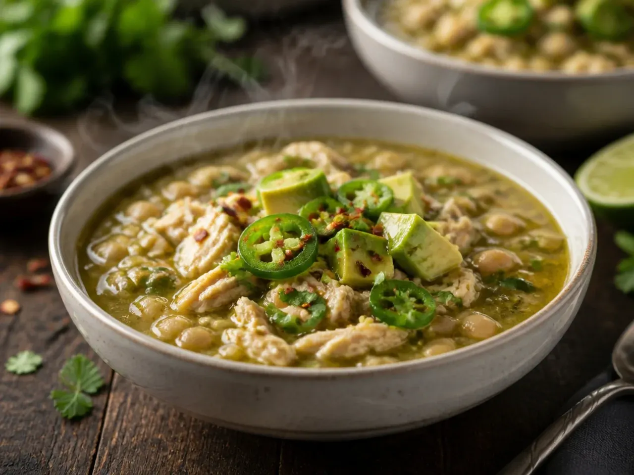 White chicken chili made with tangy salsa verde