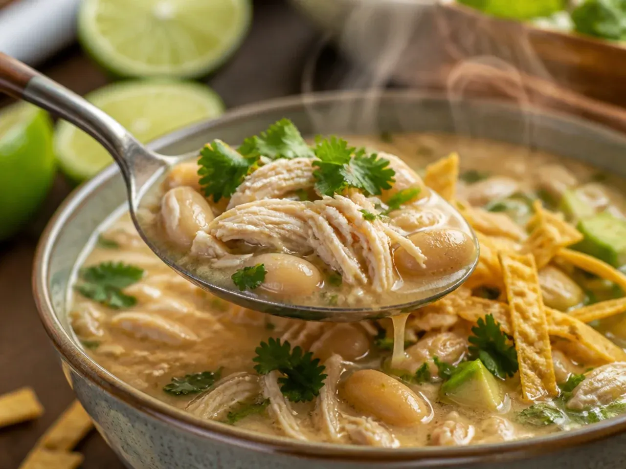 Zesty white chicken chili garnished with lime wedges and fresh cilantro