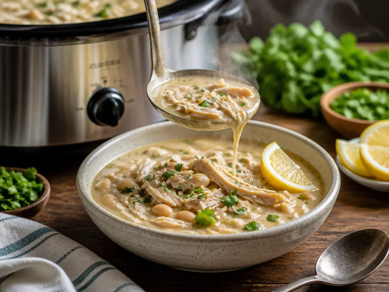 Lightened-up white chicken chili with Greek yogurt swirled on top