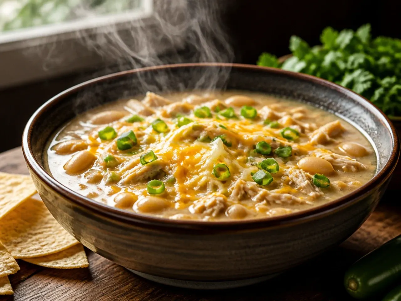 White chicken chili made with browned ground turkey