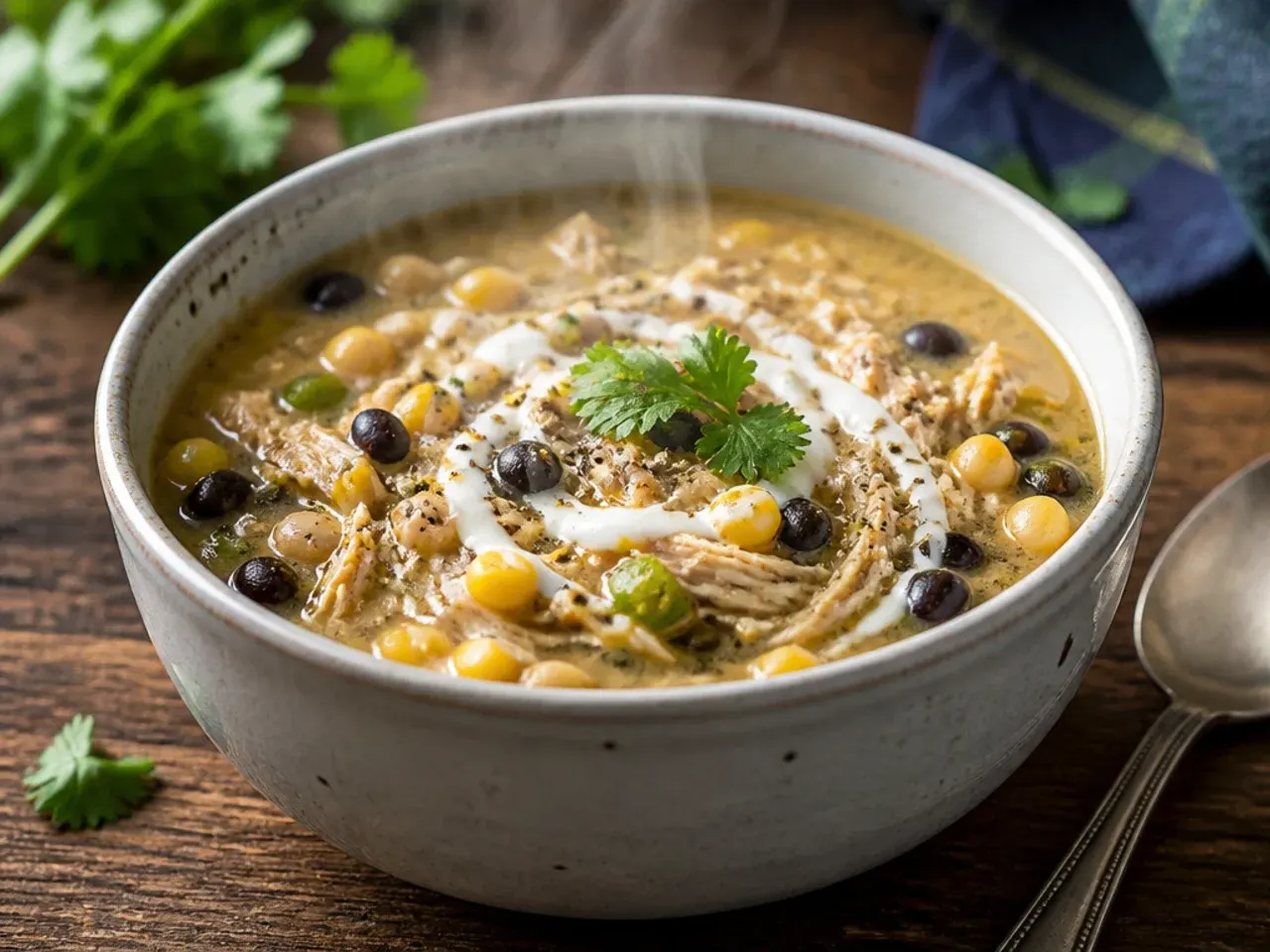 Southwest white chicken chili with black beans and sweetcorn