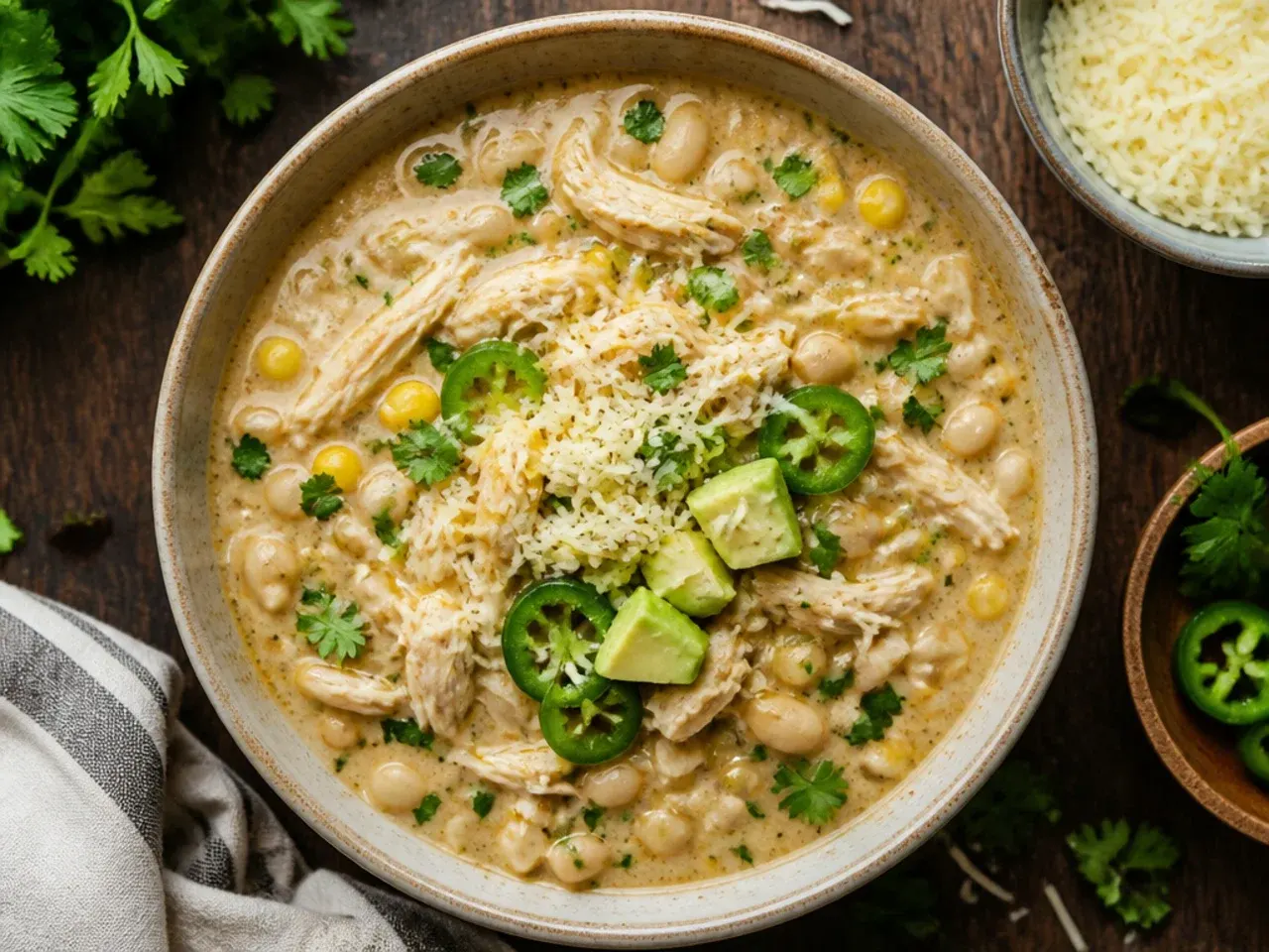 Ranch-seasoned white chicken chili with a herby, tangy broth