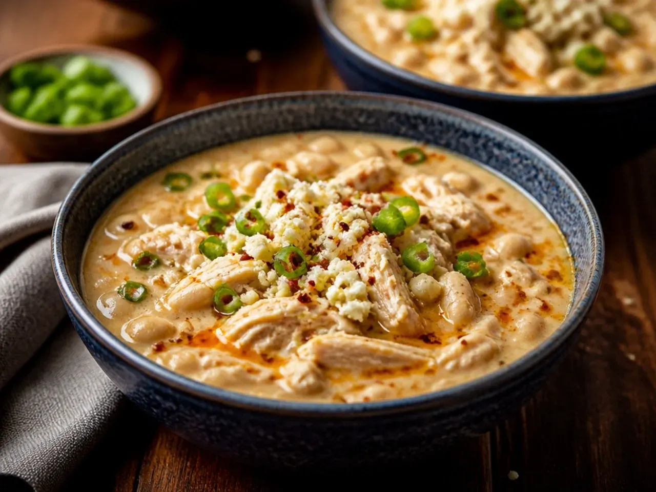 Buffalo-style white chicken chili with hot sauce and cream cheese