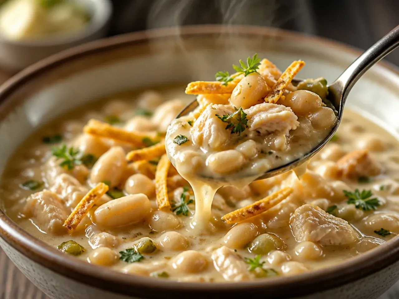 Rustic masa-thickened white chicken chili in a bowl