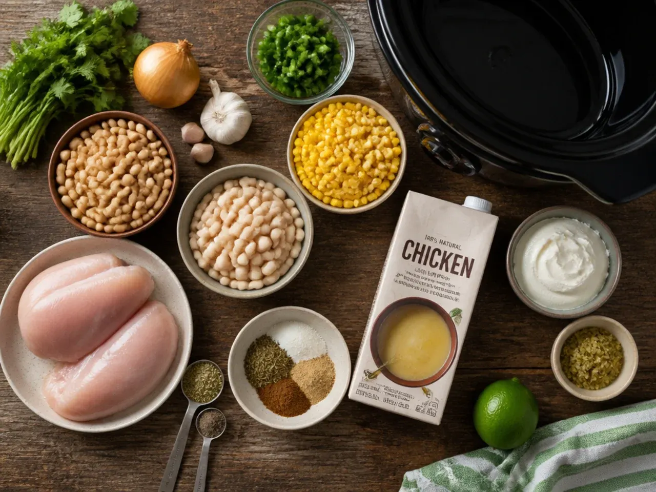 Checking chicken temperature with a thermometer over a crockpot of white chicken chili
