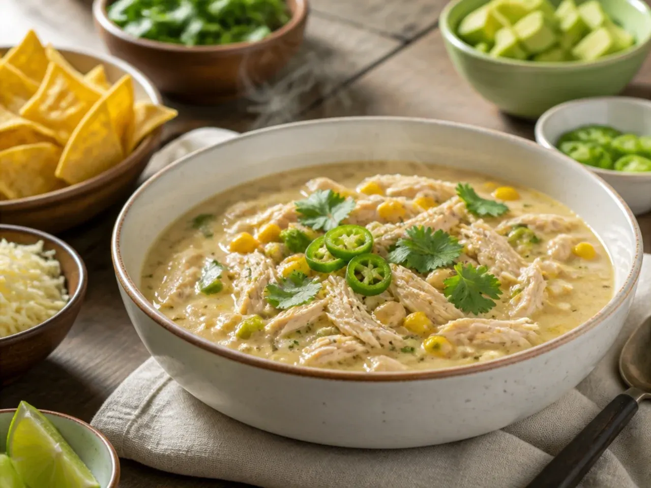 Crockpot white chicken chili served with cornbread and toppings on the side