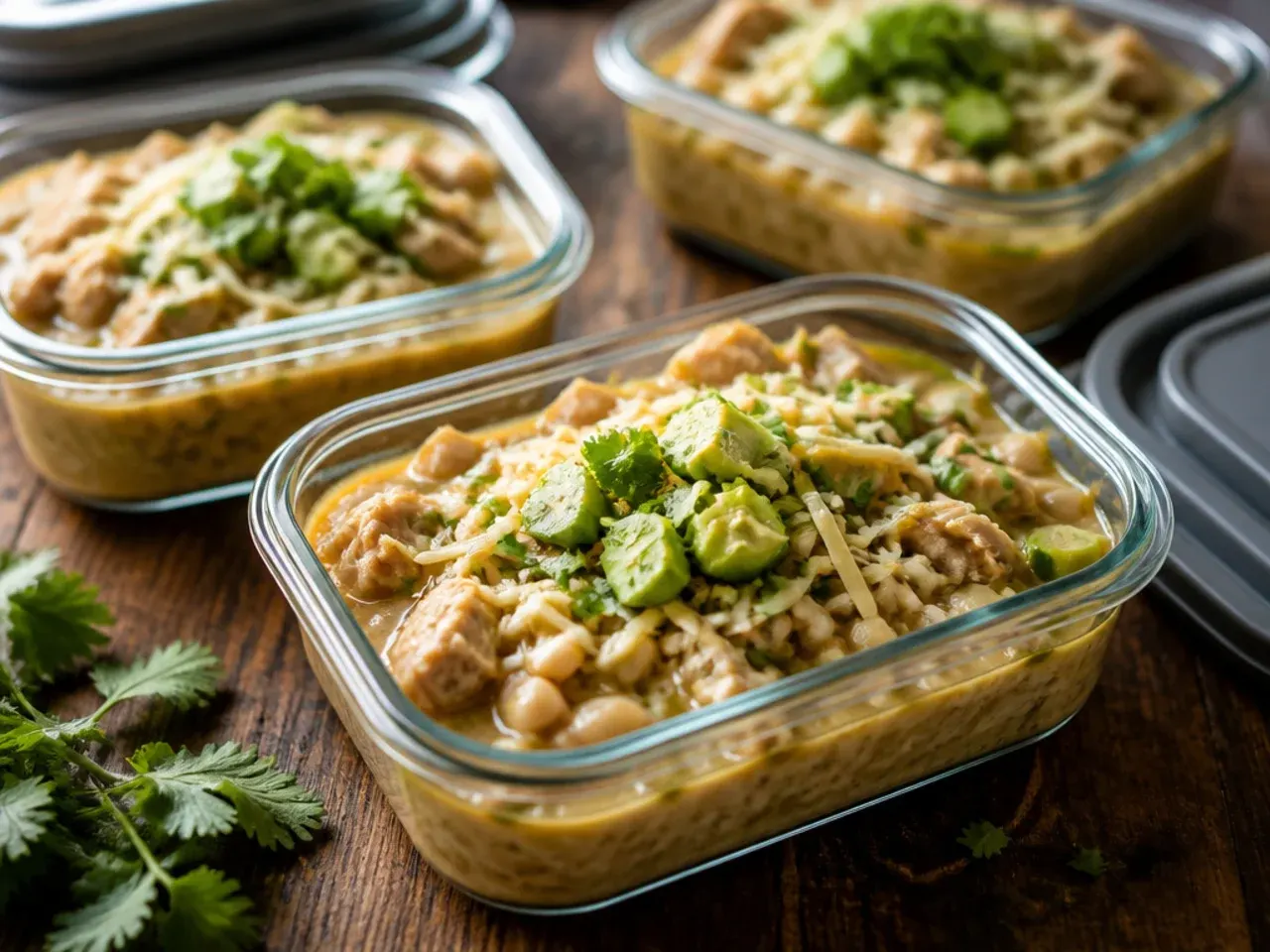 Leftover white chicken chili stored in an airtight container in the fridge