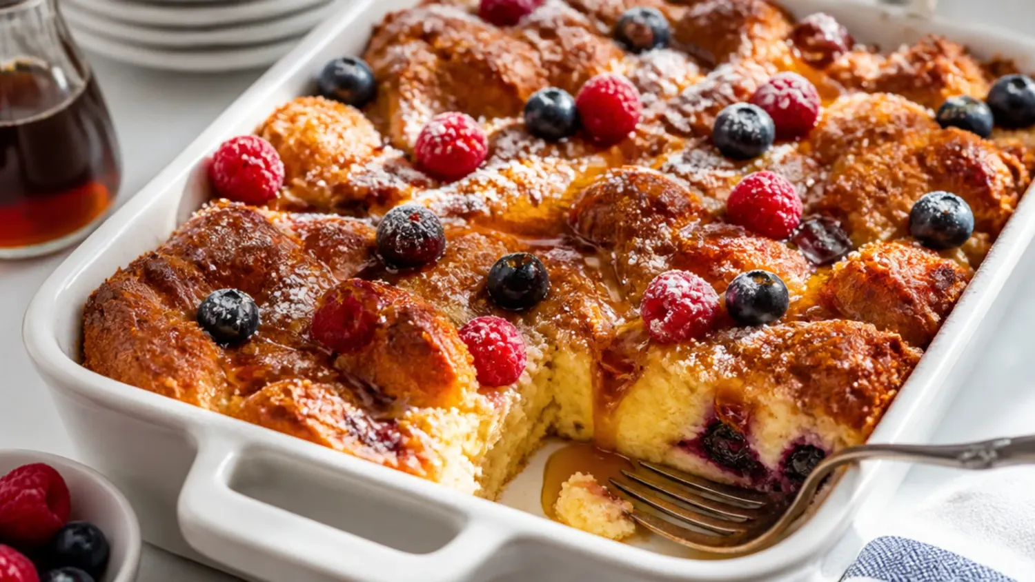 Golden baked croissant french toast casserole in a white dish, dusted with icing sugar and drizzled with maple syrup