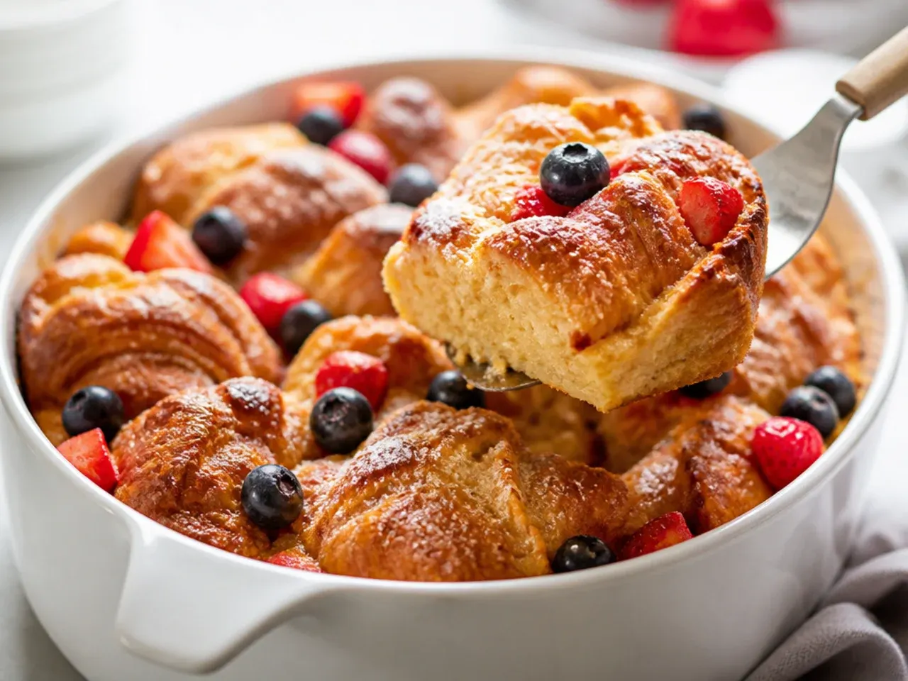 Torn croissant pieces soaking in a bowl of egg custard mixture