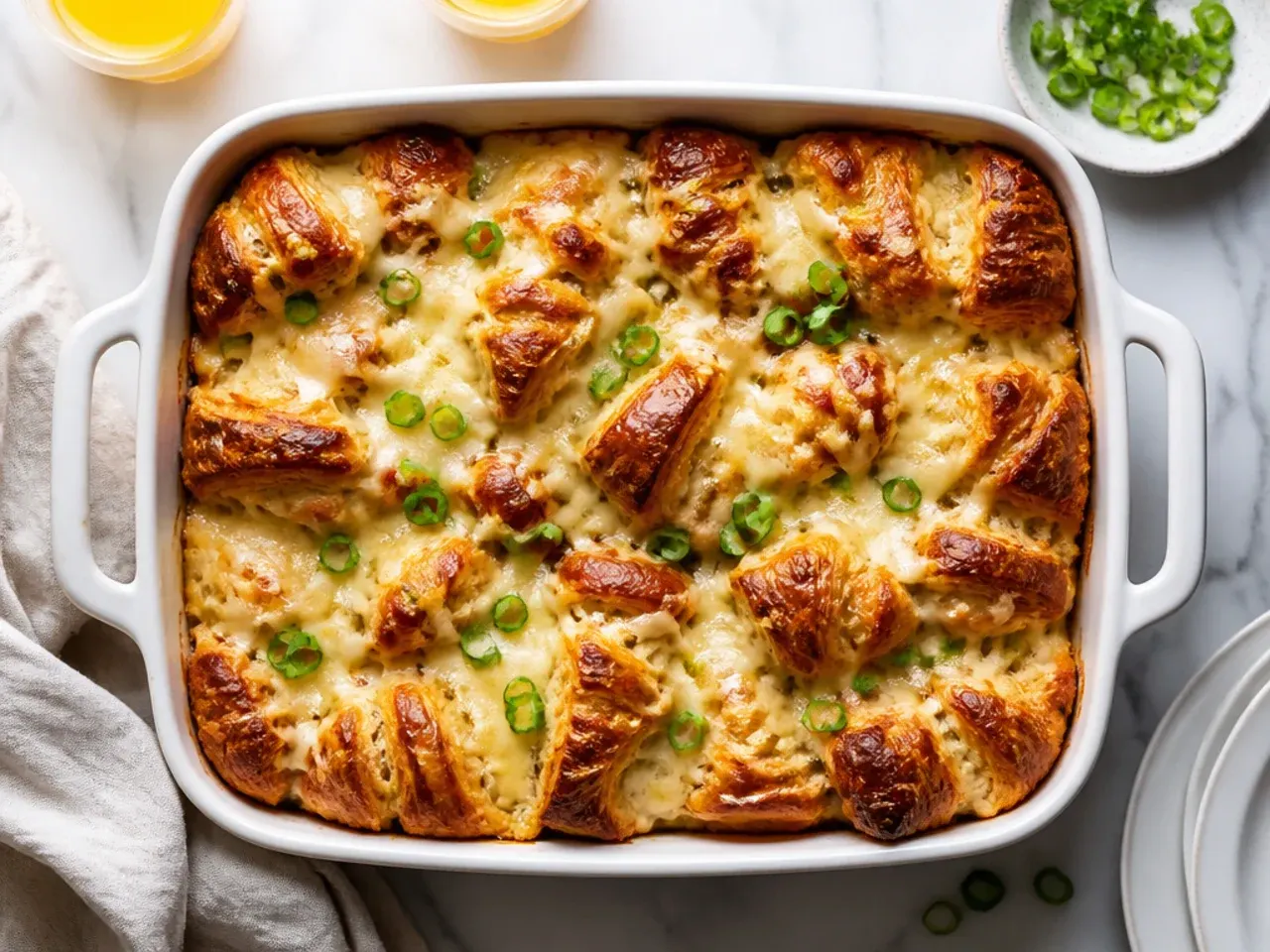 Classic golden croissant french toast casserole fresh from the oven