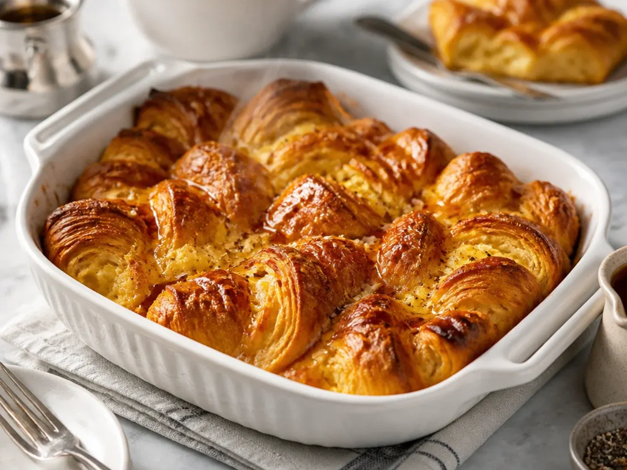 Quick-assembled croissant french toast casserole in a baking dish