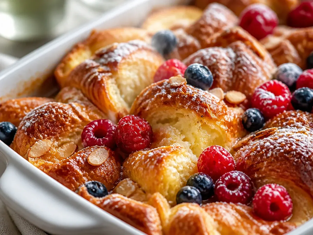 Cozy streusel-topped croissant french toast casserole with cinnamon