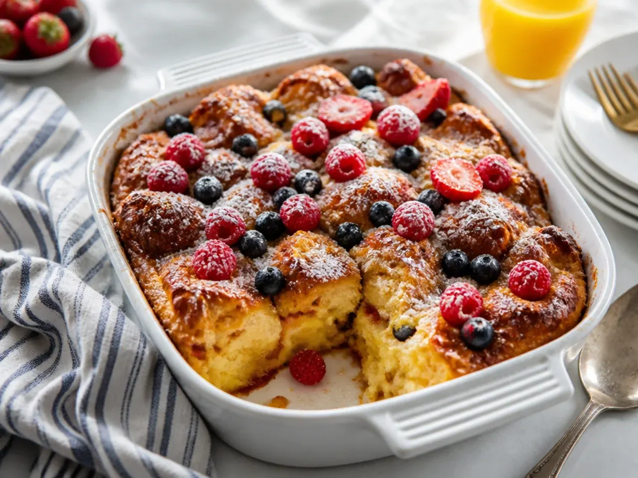 Simple five-ingredient croissant french toast casserole sliced and served