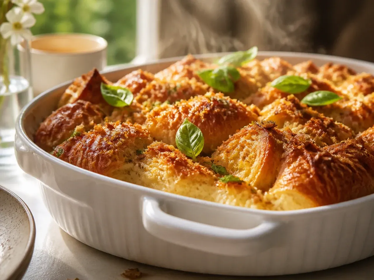 Extra creamy croissant french toast casserole with a rich custard centre