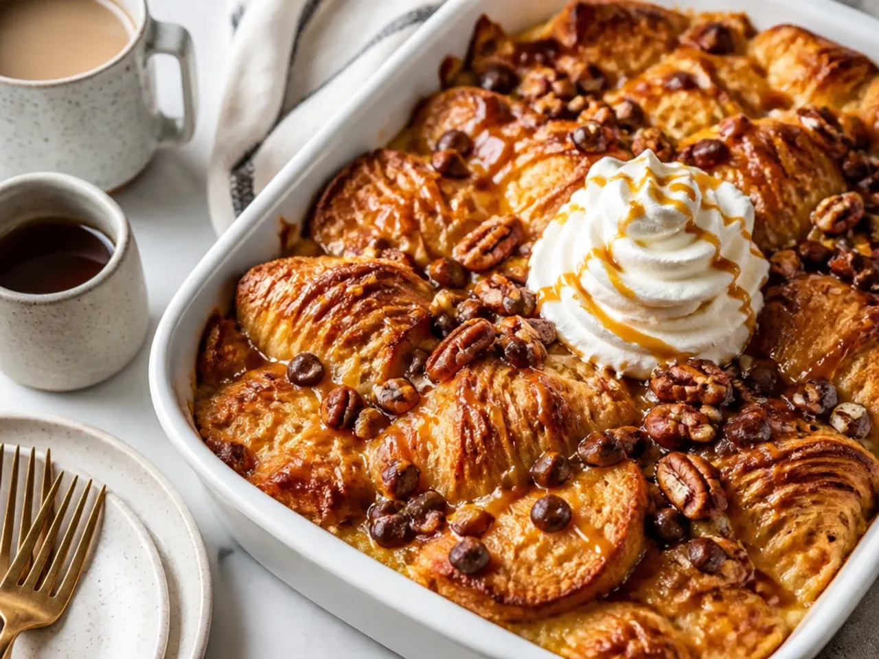 Loaded croissant french toast casserole topped with berries, nuts and whipped cream