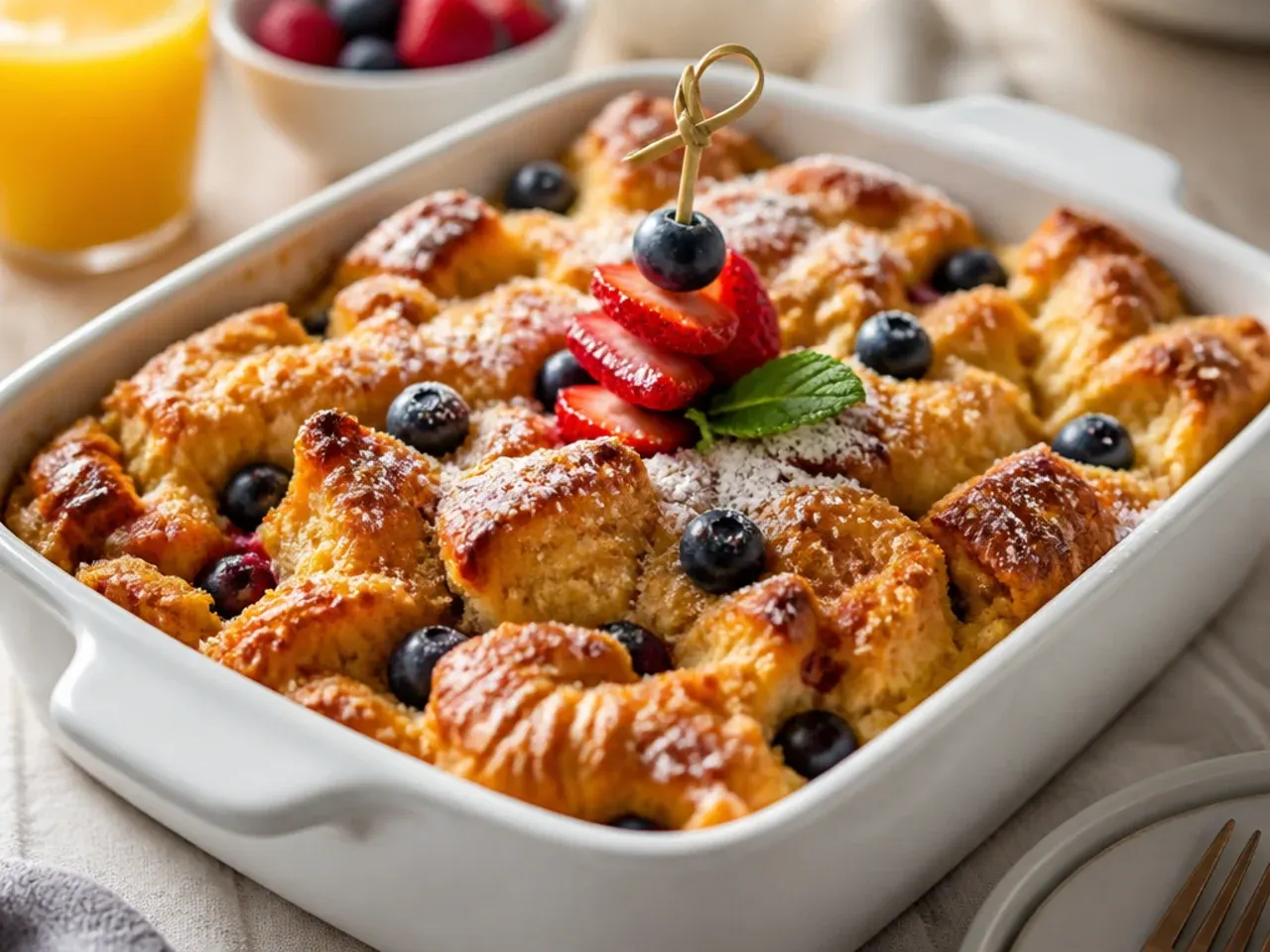 Best-ever croissant french toast casserole with deeply golden top