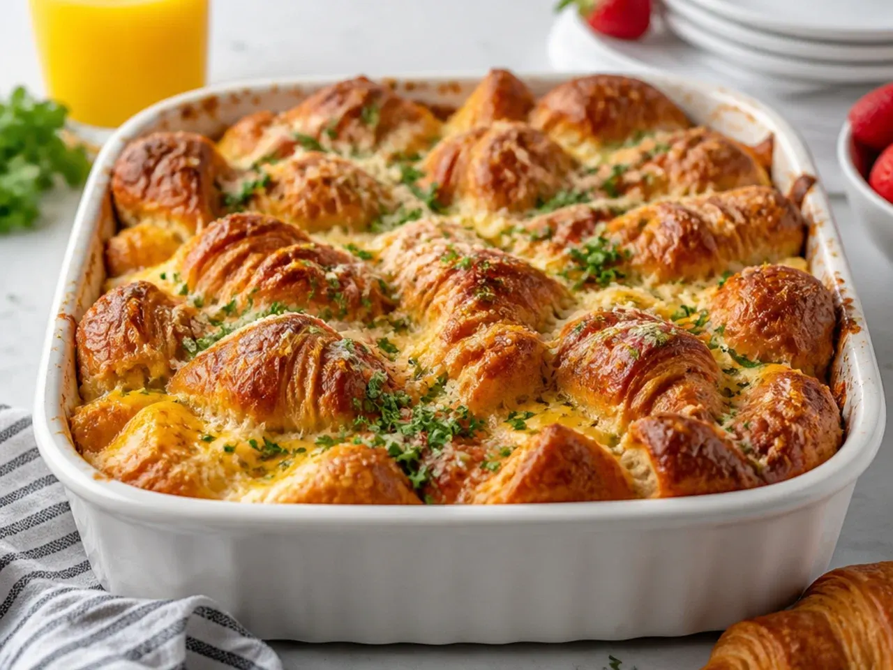 Cheesy croissant french toast casserole with melted cream cheese pockets