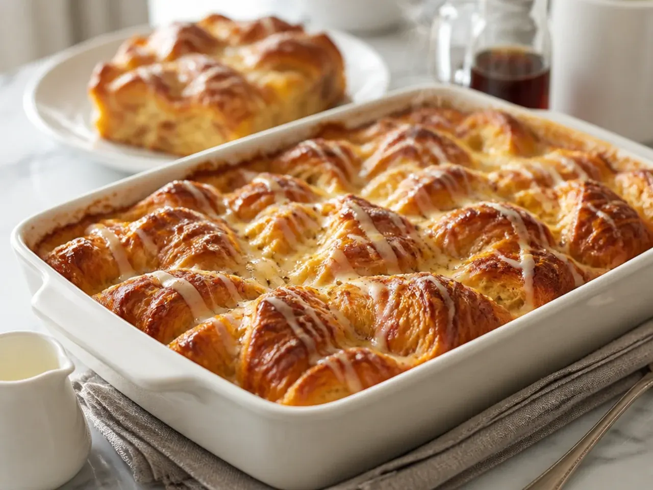 Large crowd-sized croissant french toast casserole in a big baking dish