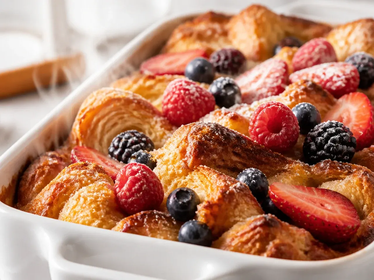 Make-ahead croissant french toast casserole covered and ready for the fridge