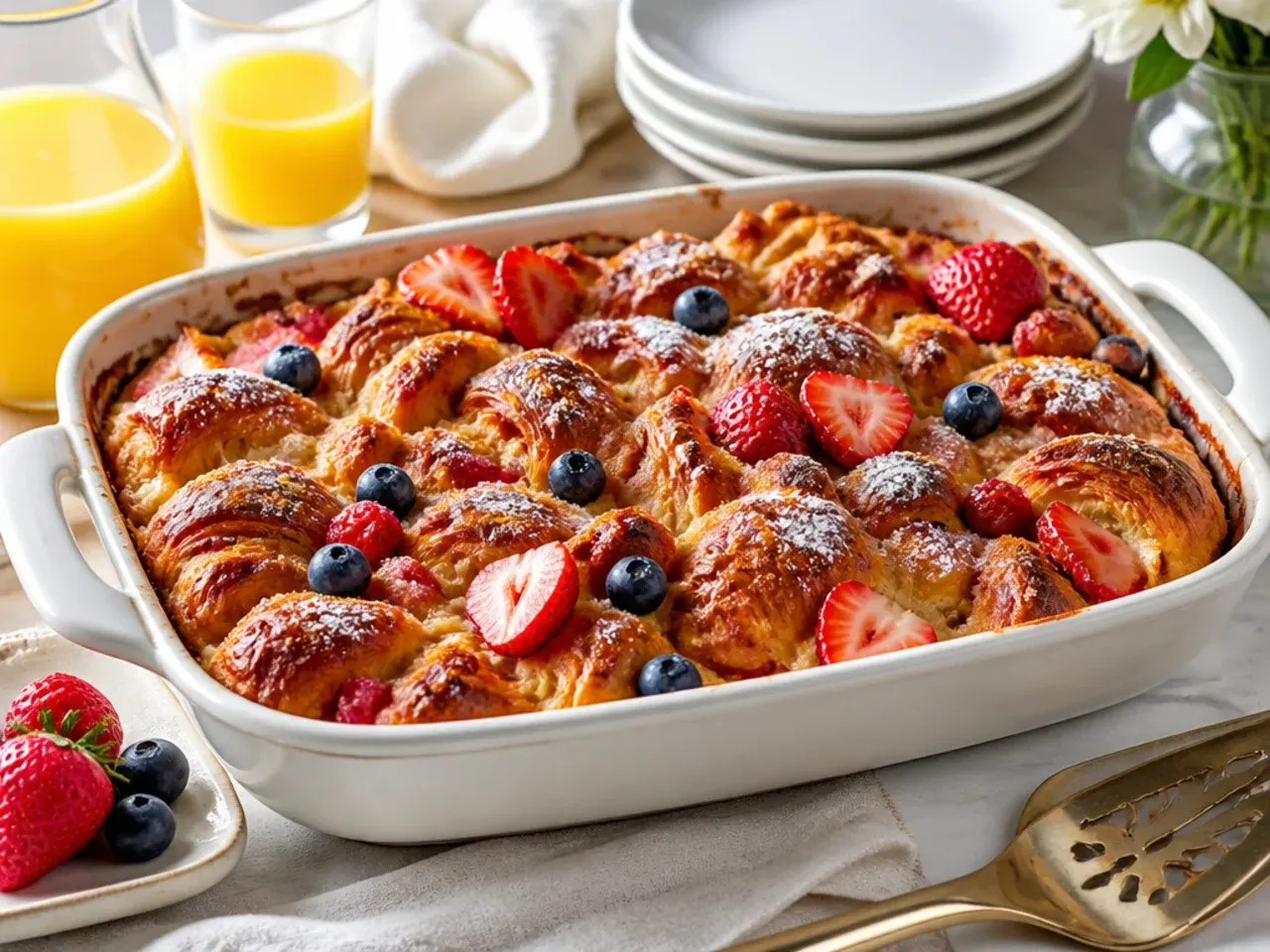 Family-style croissant french toast casserole cut into neat squares