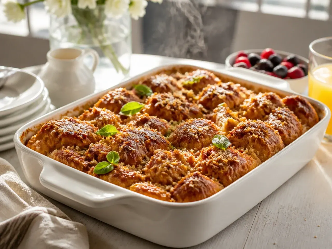 Festive croissant french toast casserole with cranberries, pecans and icing sugar