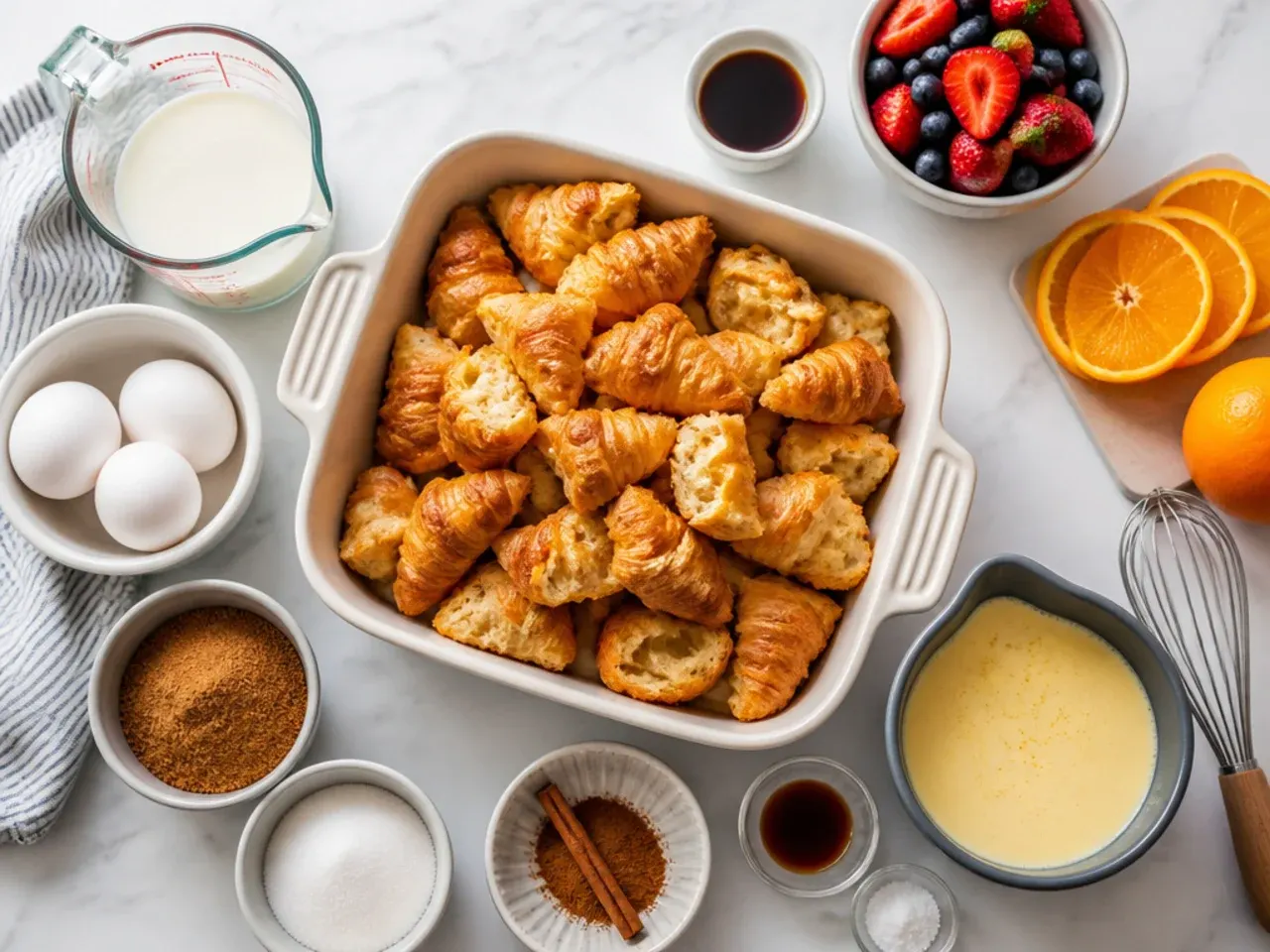 Close-up of a knife testing the doneness of a baked croissant french toast casserole