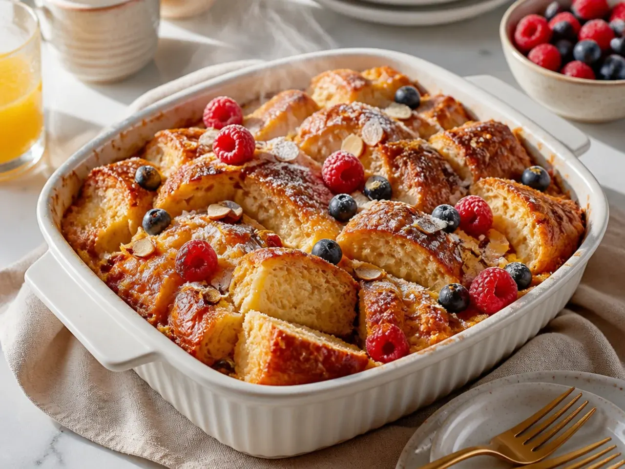 Croissant french toast casserole served with maple syrup, berries and coffee