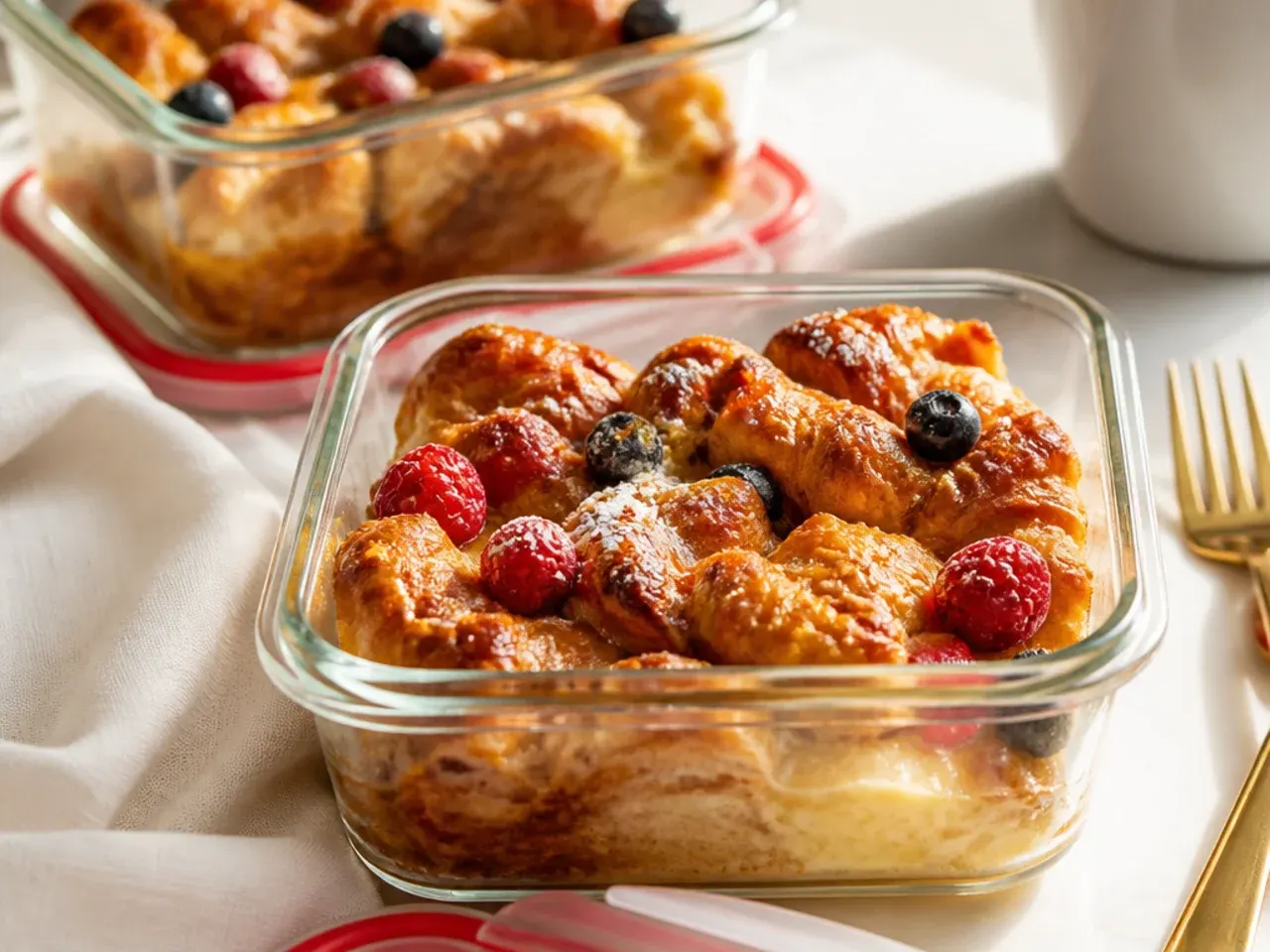 Leftover croissant french toast casserole stored in an airtight container