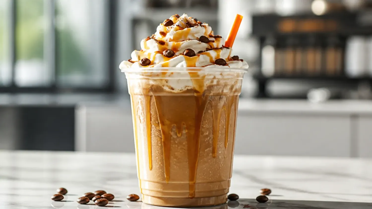 Row of iced and hot custom Dunkin-style coffee drinks in clear glasses topped with whipped cream and caramel drizzle