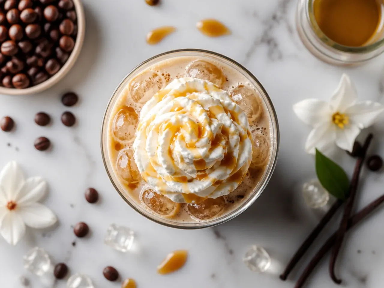 Iced vanilla signature latte in a tall glass with visible layered espresso and milk