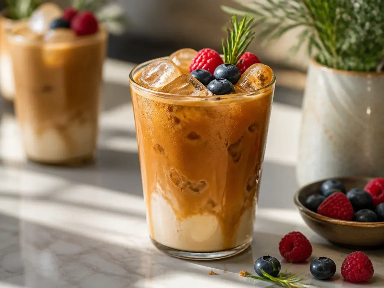 Classic iced Dunkalatte with coffee-coloured milk swirl in a glass over ice