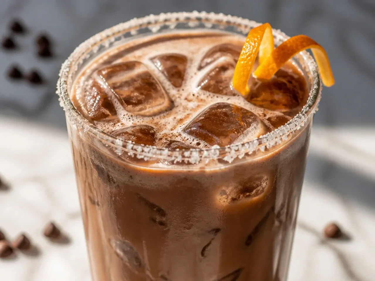 Chocolate iced coffee in a mason jar with visible chocolate swirl and ice cubes